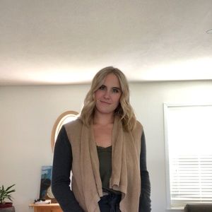 Brown and grey cardigan, with brown elbow patches!